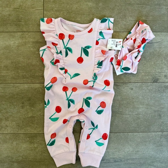 New Cat & Jack Baby Girl 0-3 Months Cherry Romper & Headband Accessorym - Picture 7 of 7